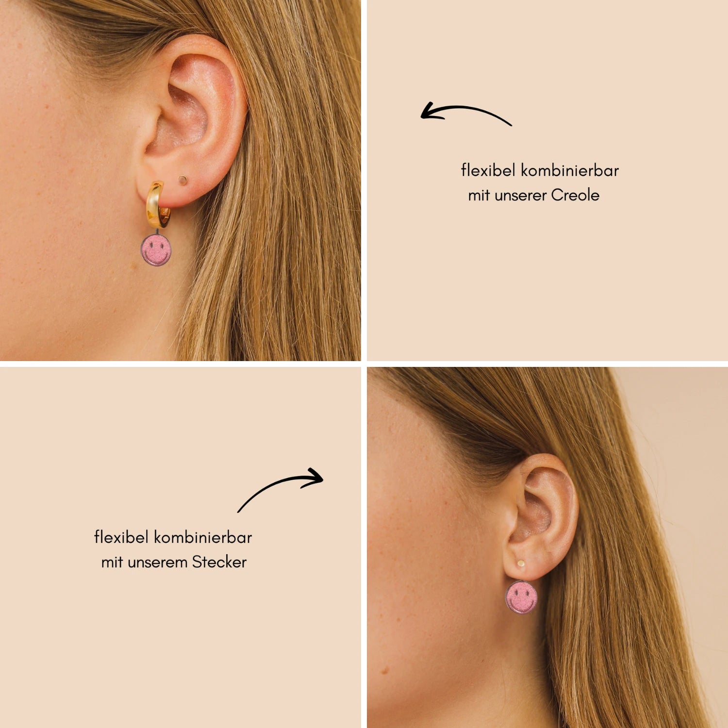 smiley_anhaenger_charm_gruen_rosa_set_fuer_wandelbare_Ohrringe_creolen_silber_gold_rosegold_stecker_creole