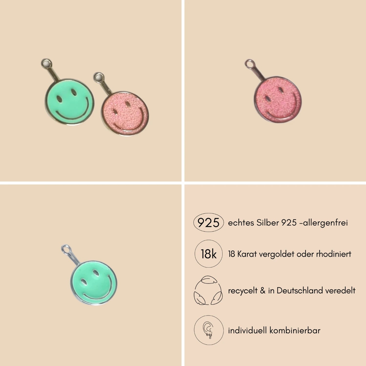 smiley_anhaenger_charm_gruen_rosa_set_fuer_wandelbare_Ohrringe_creolen_silber_gold_rosegold_Produktvorteil